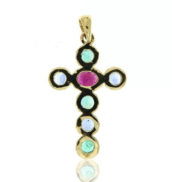 Pandant Cruce Regala din Aur 14K cu Smarald Safir si Rubin - Protectie si Inaltare Spirituala