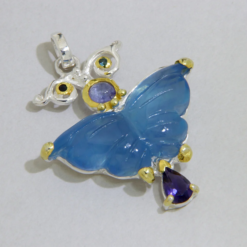 Pandantiv Argint 925 Accente Aurite Acvamarin Gravat Manual Ametist Naturale Fluture