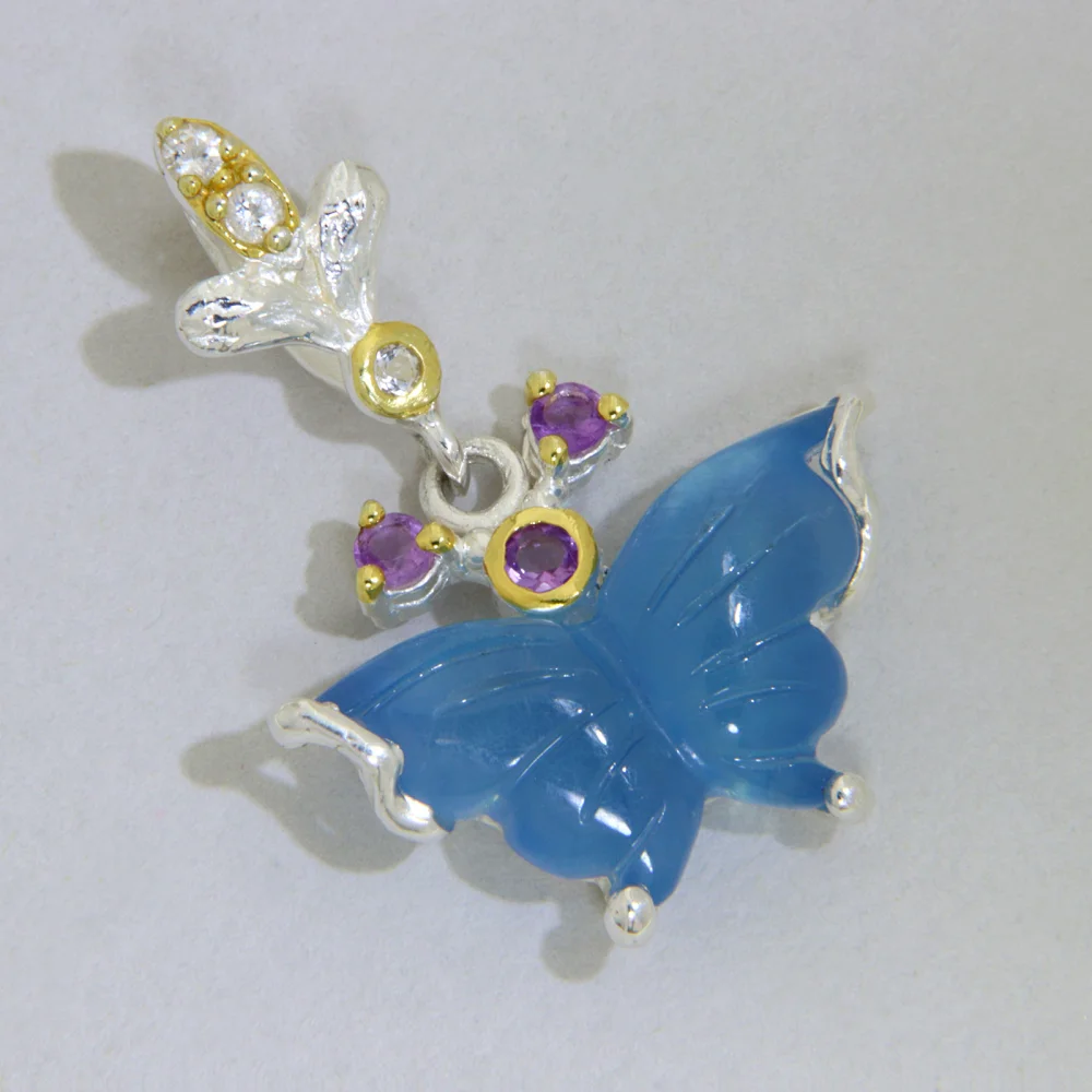 Pandantiv Argint 925 Accente Aurite Acvamarin Gravat Manual Ametist Naturale Fluture Diafan