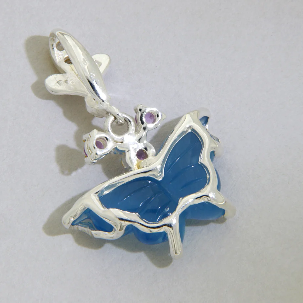 Pandantiv Argint 925 Accente Aurite Acvamarin Gravat Manual Ametist Naturale Fluture Diafan