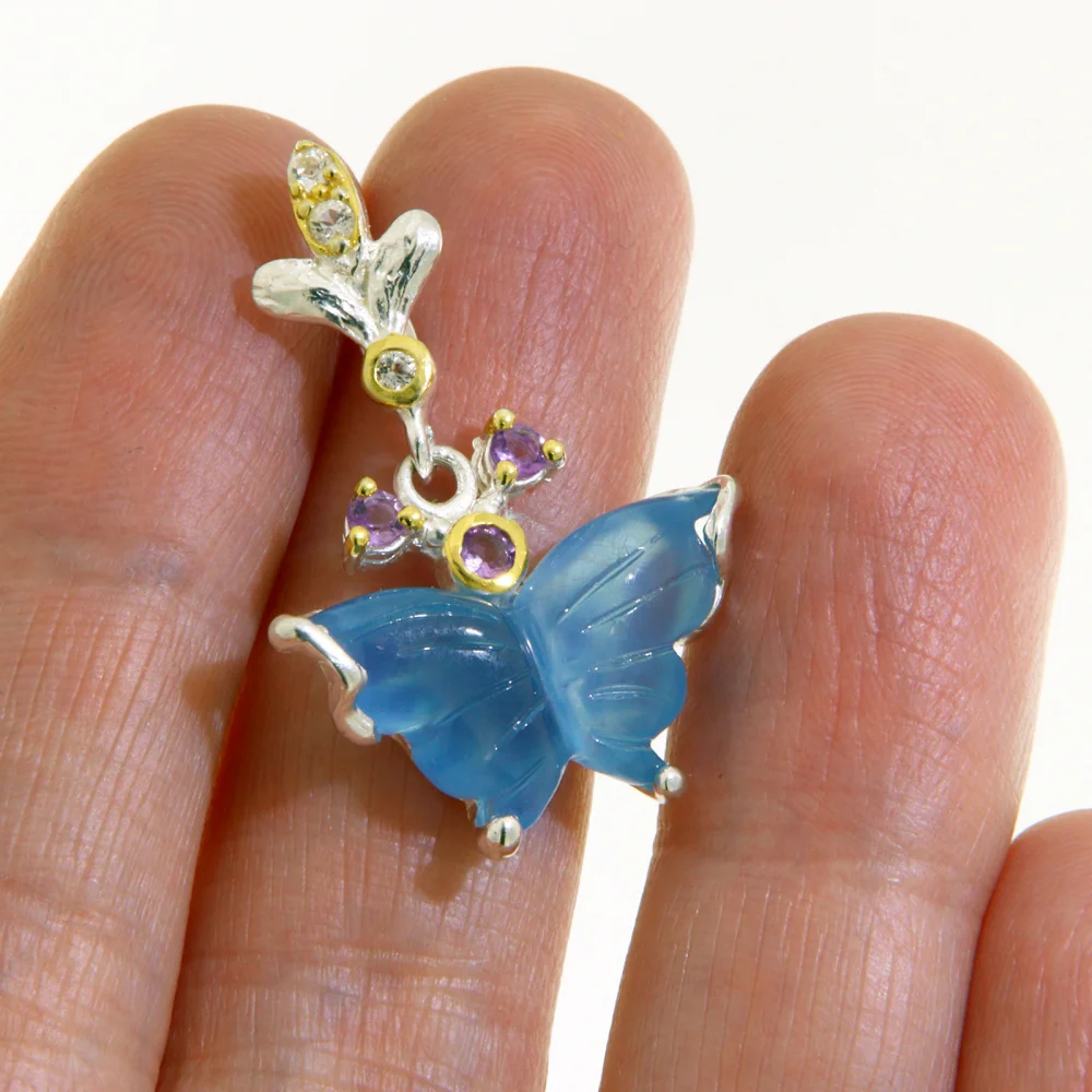 Pandantiv Argint 925 Accente Aurite Acvamarin Gravat Manual Ametist Naturale Fluture Diafan