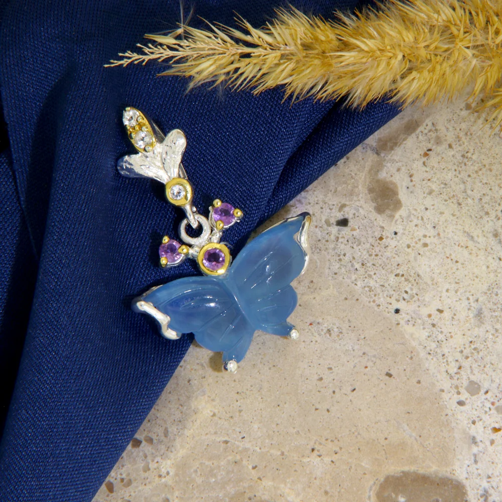 Pandantiv Argint 925 Accente Aurite Acvamarin Gravat Manual Ametist Naturale Fluture Diafan