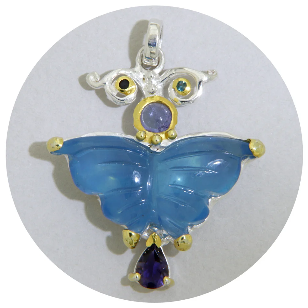 Pandantiv Argint 925 Accente Aurite Acvamarin Gravat Manual Ametist Naturale Fluture
