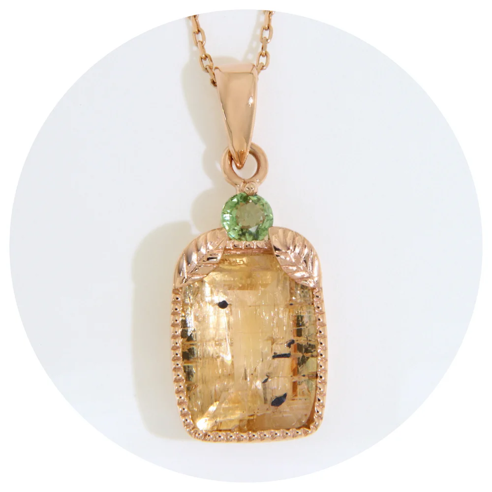 Pandantiv Aur Roz 14k Topaz Imperial Safir Verde Naturale - Design Vegetal