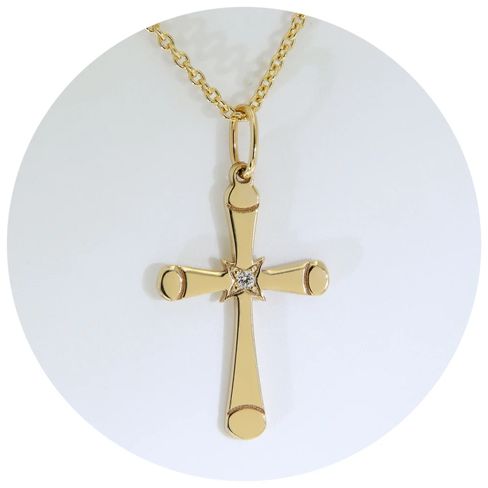 Pandantiv Cruce Aur Galben 14k Diamant Natural | Luminos si Rafinat