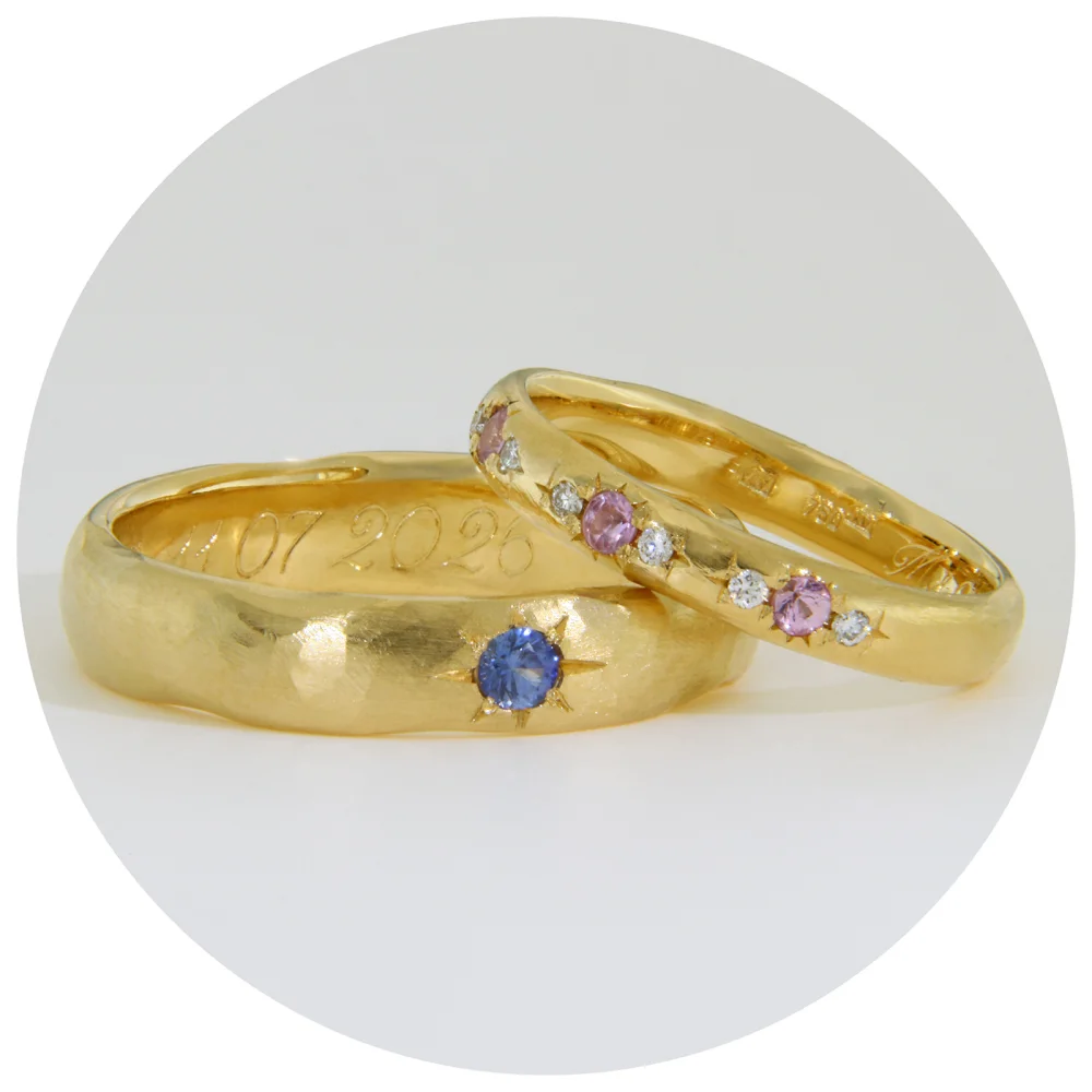 Verighete Aur Galben 18k cu Safire Roz Safir Albastru si Diamante Naturale – Mykonos