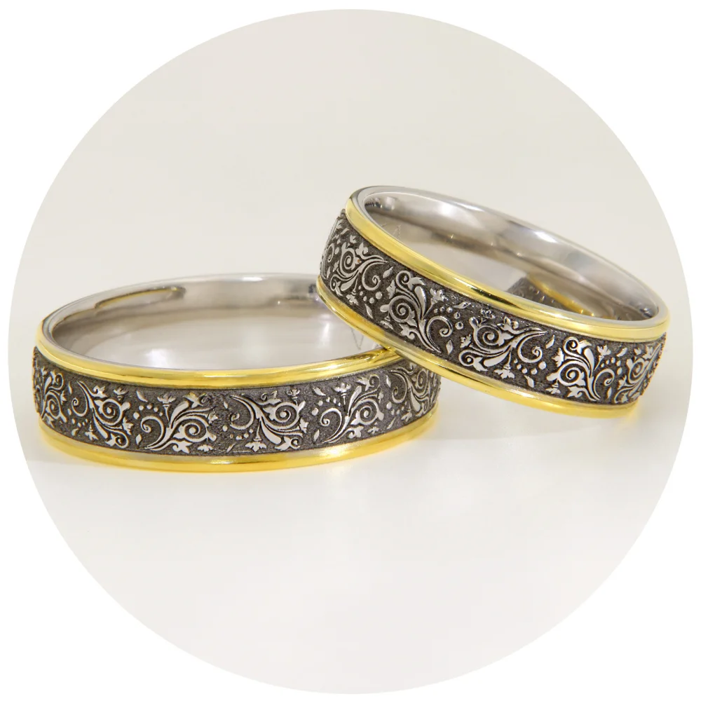 Verighete Cuplu Aur 14 k Rhodiu - Design Vegetal | Jerusalem