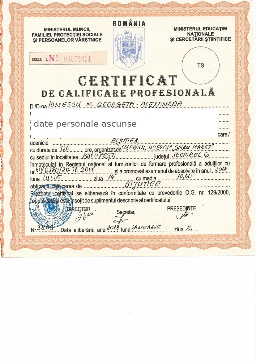 Certificat Bijutier Alexandra Ionescu — UCECOM Spiru Haret