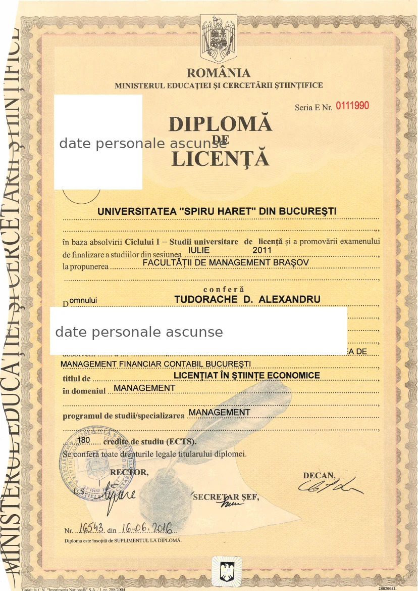 Diplomă Licență Alexandru Tudorache — Management Spiru Haret 2011
