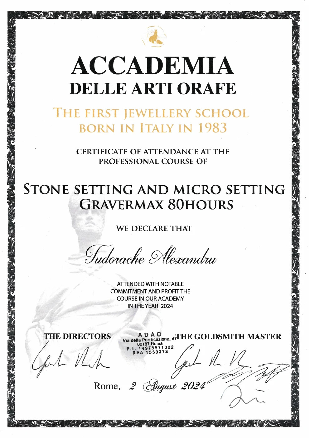 Accademia Delle Arti Orafe — Alexandru Tudorache · Stone Setting Micro Setting Gravermax 2024