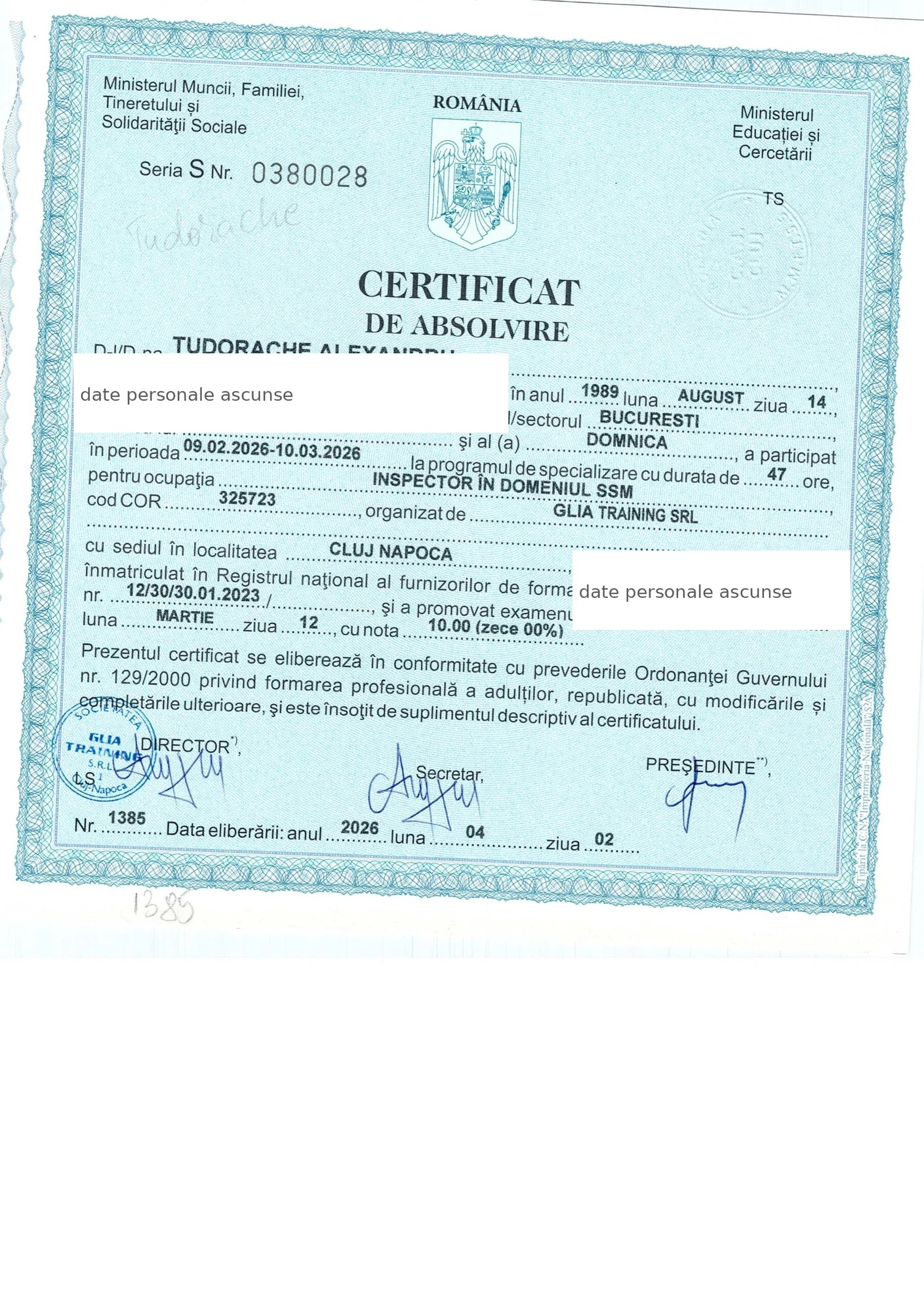Certificat SSM Alexandru Tudorache