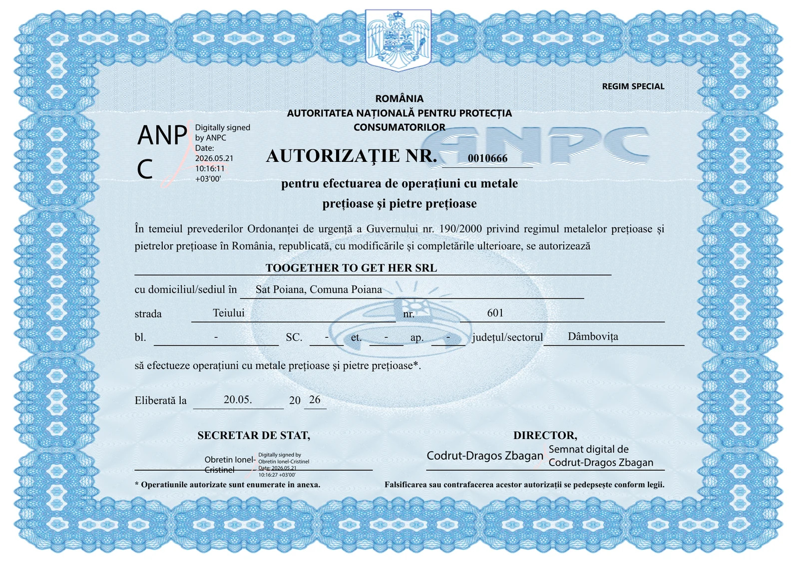 Autorizație ANPC 2026 nr. 0010666 — Stilunic.ro