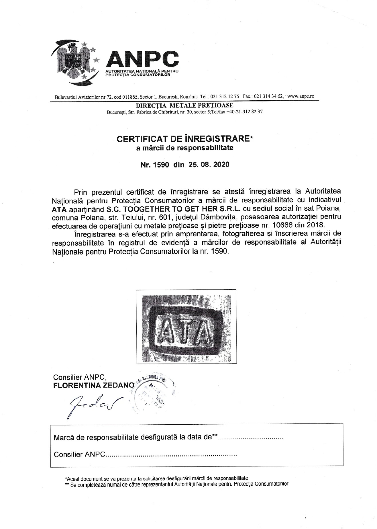 Certificat Marcă Responsabilitate ATA nr. 1590