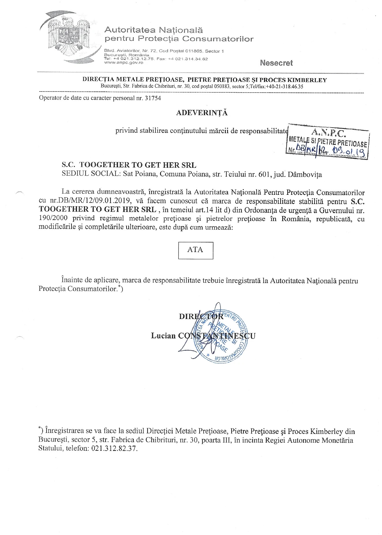 Adeverință Marcă de Responsabilitate ATA — TOOGETHER TO GET HER SRL