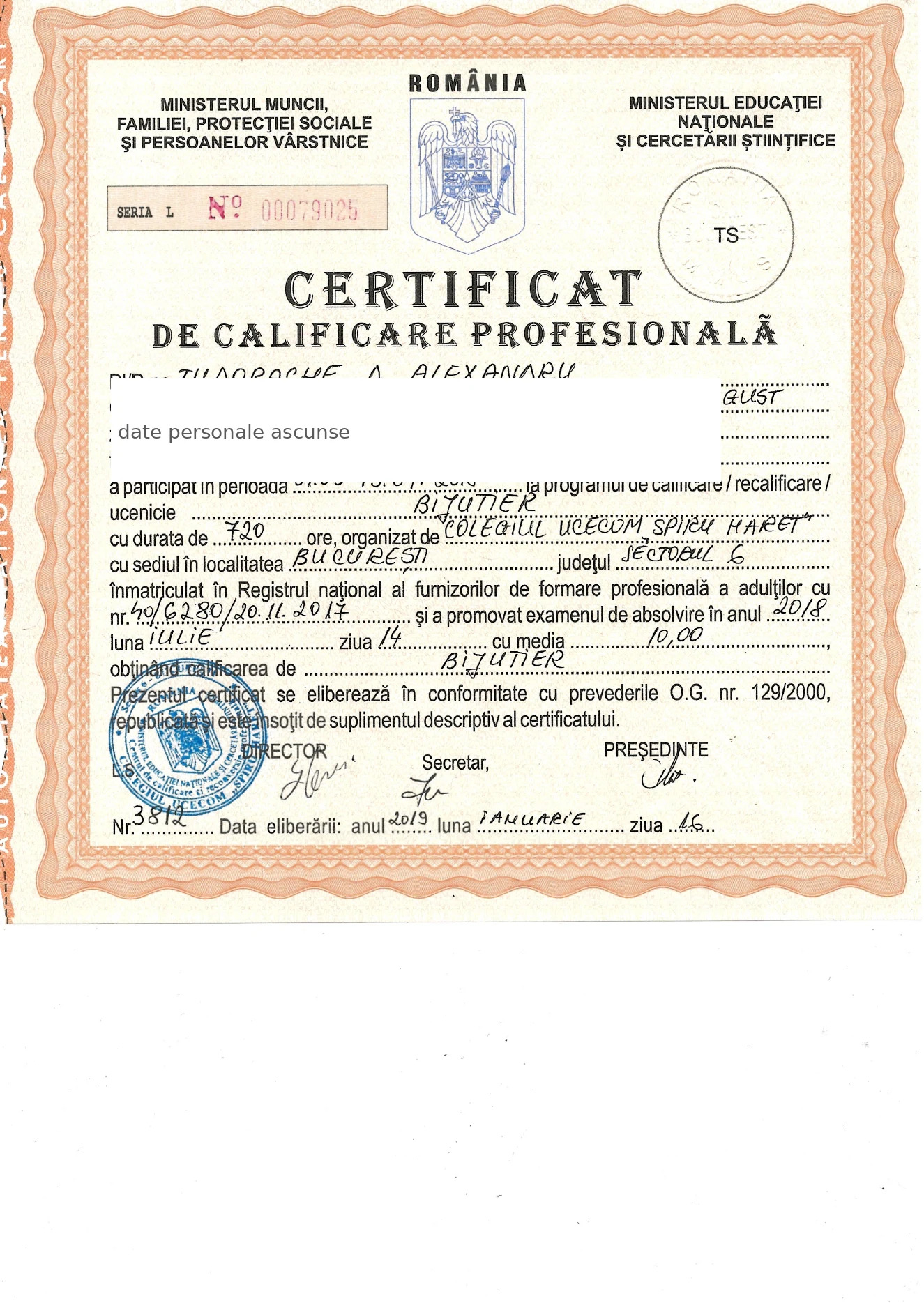 Certificat Bijutier Alexandru Tudorache — UCECOM Spiru Haret